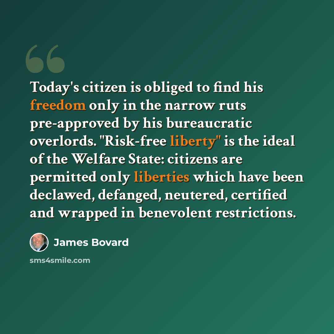 “Today's citizen is obliged to find his freedom only in the narrow ruts pre-approved by his bureaucratic overlords. "Risk-free liberty" is the ideal of the Welfare State: citizens are permitted only liberties which have been declawed, defanged, neutered, certified and wrapped in benevolent…” quote by James Bovard