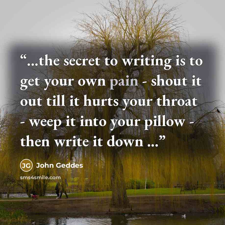 “...the secret to writing is to get your own pain - shout it out till it hurts your throat - weep it into your pillow - then write it down ...” quote by John Geddes