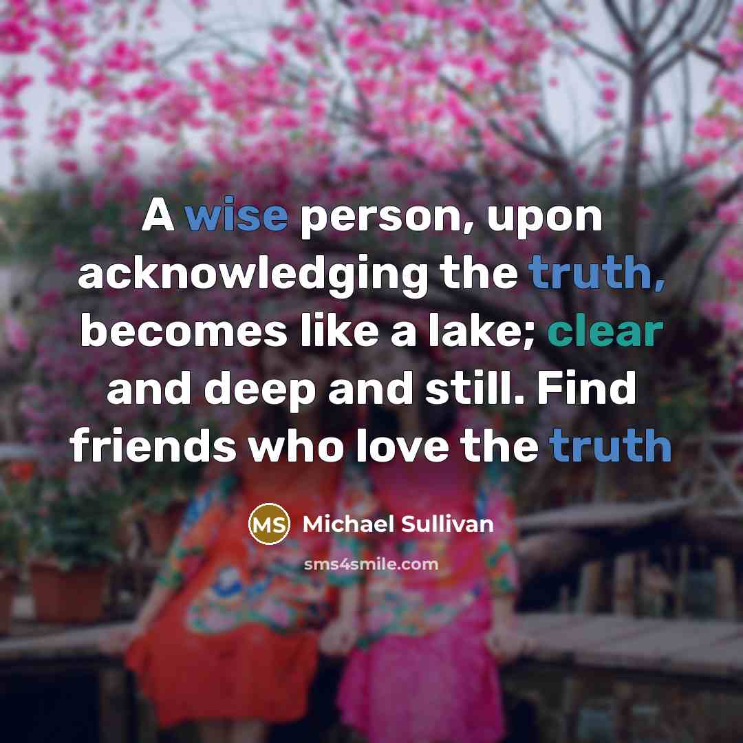 “A wise person, upon acknowledging the truth, becomes like a lake; clear and deep and still. Find friends who love the truth” quote by Michael Sullivan