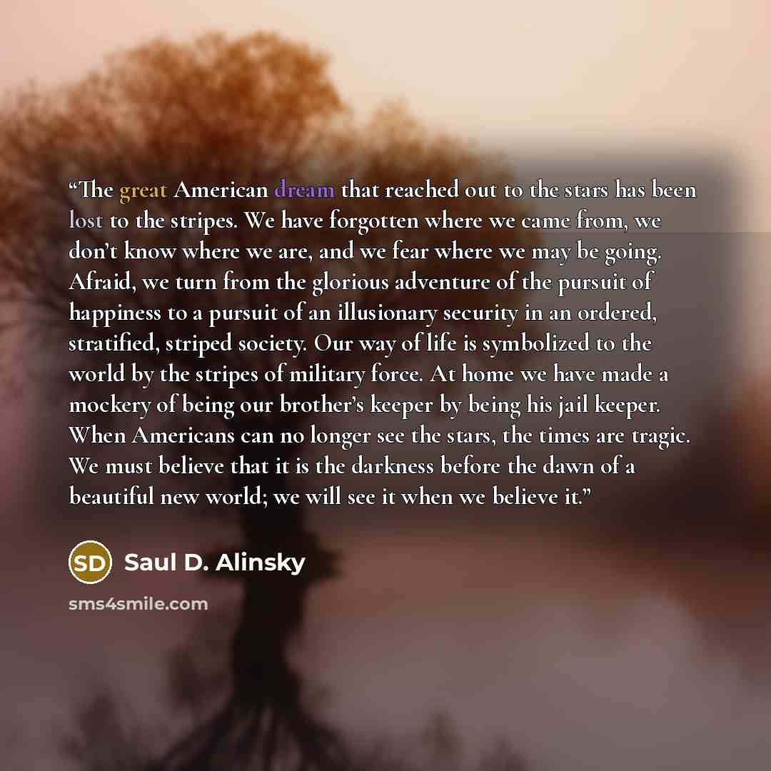 “The great American dream that reached out to the stars has been lost to the stripes. We have forgotten where we came from, we don’t know where we are, and we fear where we may be going. Afraid, we turn from the glorious adventure of the pursuit of happiness to a pursuit of an illusionary security…” quote by Saul D. Alinsky