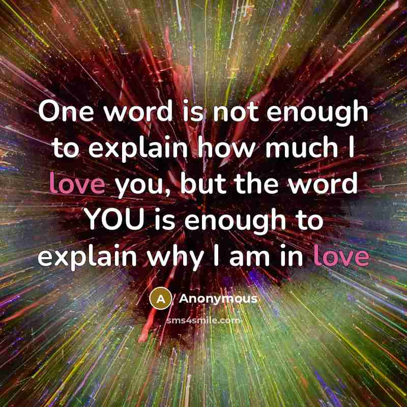 “One word is not enough to explain how much I love you, but the word YOU is enough to explain why I am in love” quote by Anonymous