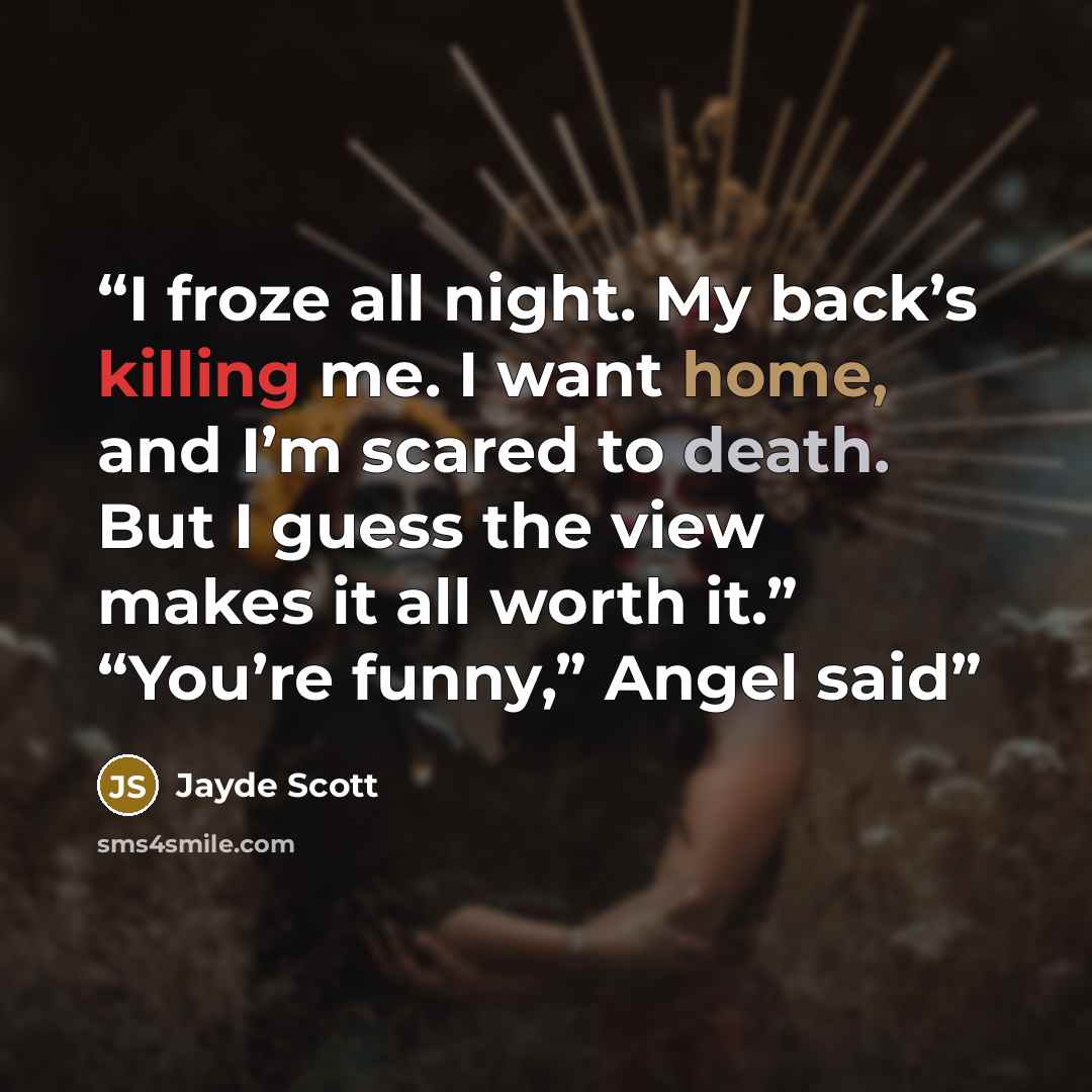 “I froze all night. My back’s killing me. I want home, and I’m scared to death. But I guess the view makes it all worth it.” “You’re funny,” Angel said” quote by Jayde Scott