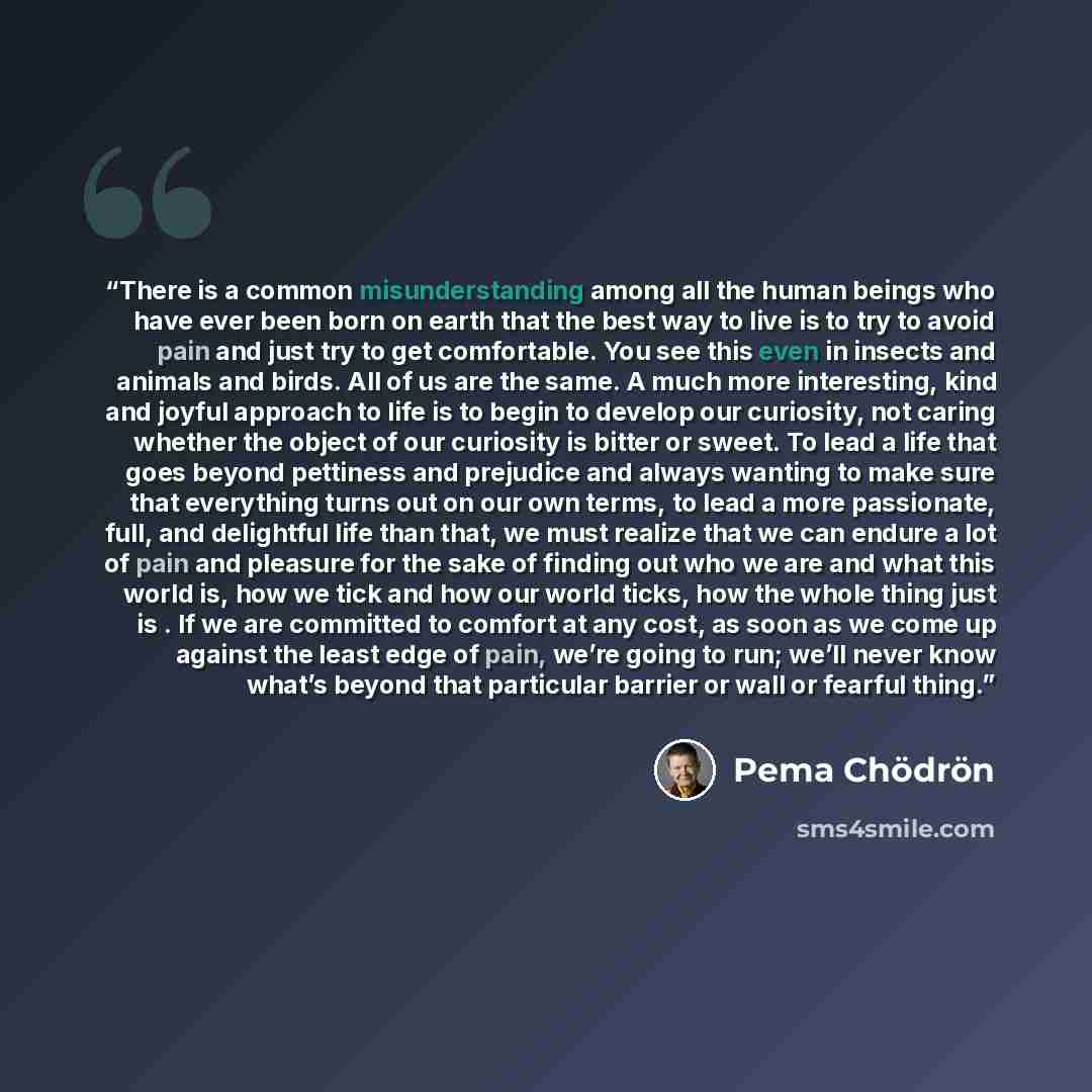 “There is a common misunderstanding among all the human beings who have ever been born on earth that the best way to live is to try to avoid pain and just try to get comfortable. You see this even in insects and animals and birds. All of us are the same. A much more interesting, kind and joyful…” quote by Pema Chödrön