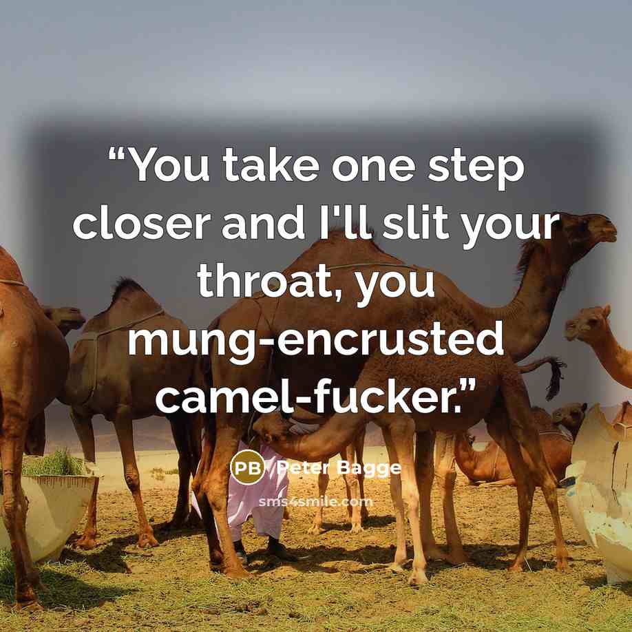 “You take one step closer and I'll slit your throat, you mung-encrusted camel-fucker.” quote by Peter Bagge