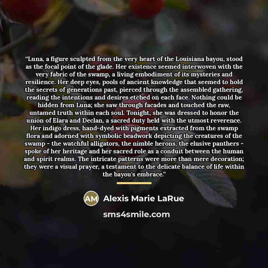 “Luna, a figure sculpted from the very heart of the Louisiana bayou, stood as the focal point of the glade. Her existence seemed interwoven with the very fabric of the swamp, a living embodiment of its mysteries and resilience. Her deep eyes, pools of ancient knowledge that seemed to hold the…” quote by Alexis Marie LaRue
