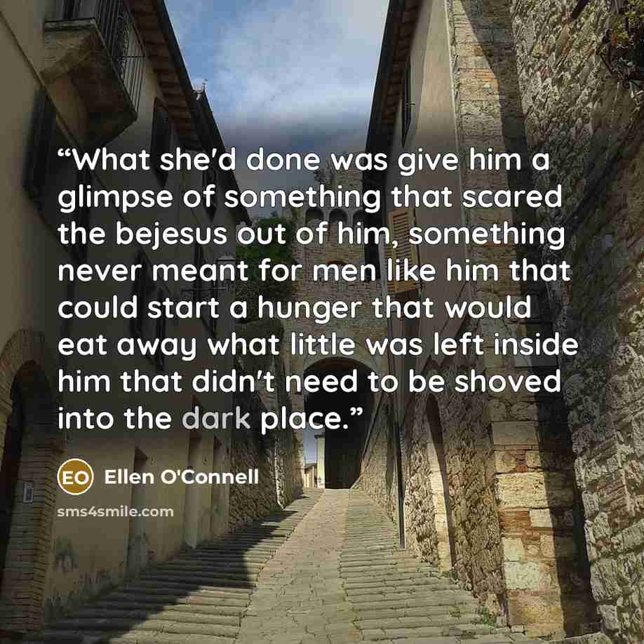 “What she'd done was give him a glimpse of something that scared the bejesus out of him, something never meant for men like him that could start a hunger that would eat away what little was left inside him that didn't need to be shoved into the dark place.” quote by Ellen O'Connell