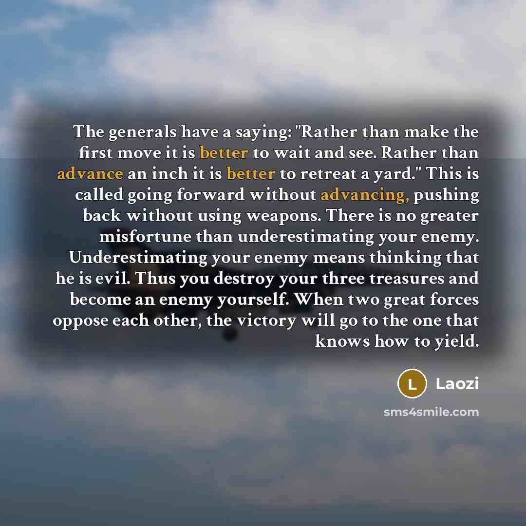 “The generals have a saying: "Rather than make the first move it is better to wait and see. Rather than advance an inch it is better to retreat a yard." This is called going forward without advancing, pushing back without using weapons. There is no greater misfortune than underestimating your…” quote by Laozi