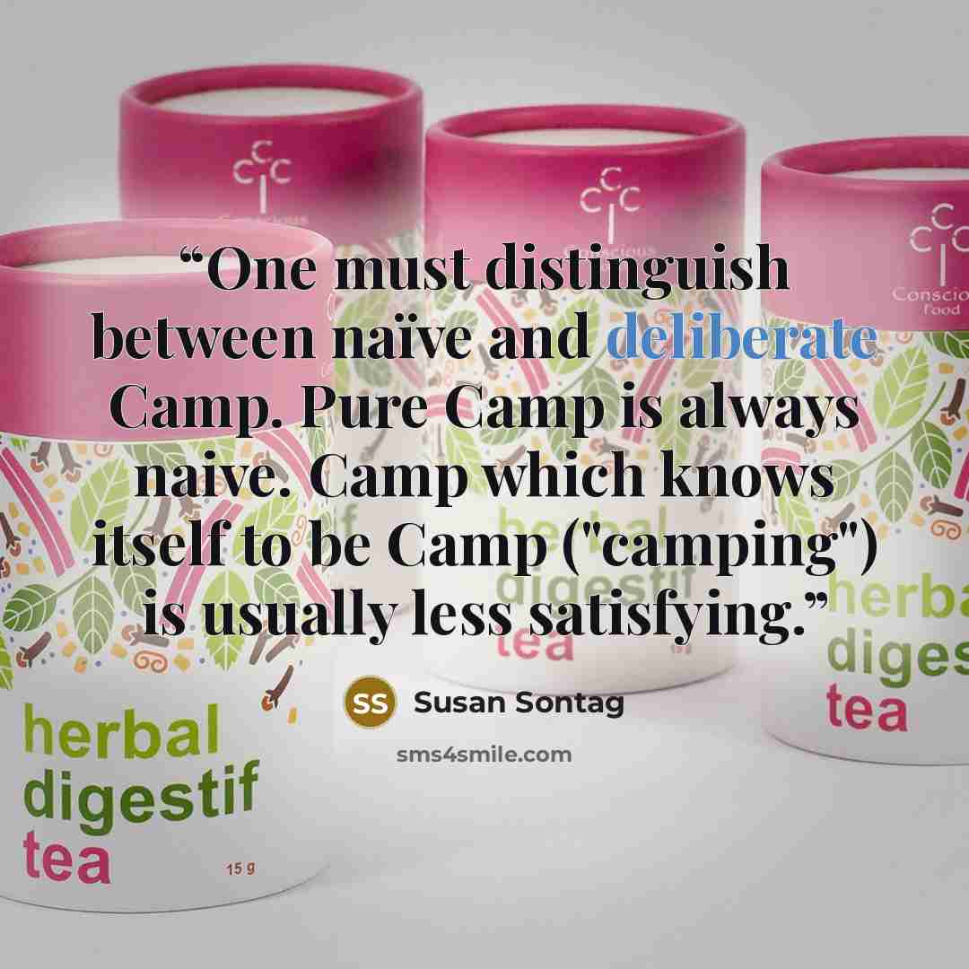 “One must distinguish between naïve and deliberate Camp. Pure Camp is always naive. Camp which knows itself to be Camp ("camping") is usually less satisfying.” quote by Susan Sontag