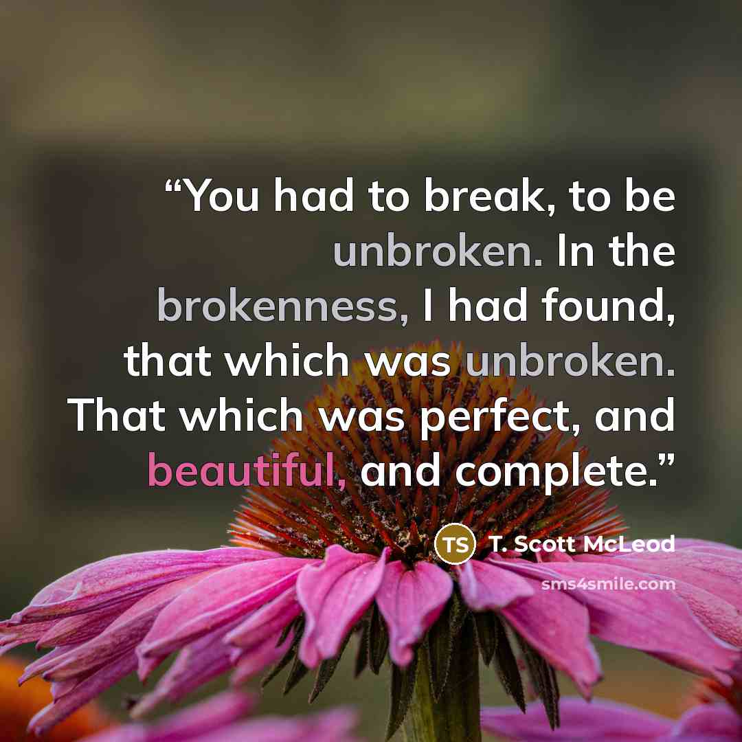 “You had to break, to be unbroken. In the brokenness, I had found, that which was unbroken. That which was perfect, and beautiful, and complete.” quote by T. Scott McLeod