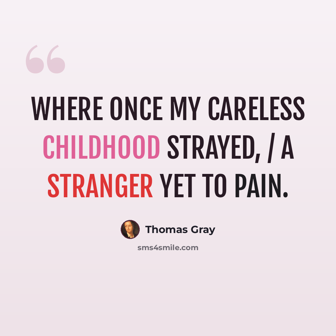 “Where once my careless childhood strayed, / A stranger yet to pain.” quote by Thomas Gray