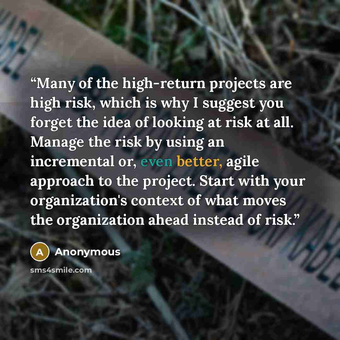 “Many of the high-return projects are high risk, which is why I suggest you forget the idea of looking at risk at all. Manage the risk by using an incremental or, even better, agile approach to the project. Start with your organization's context of what moves the organization ahead instead of risk.” quote by Anonymous