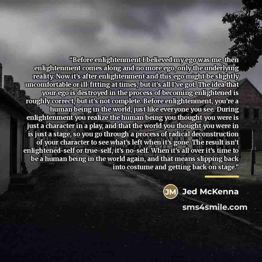 “Before enlightenment I believed my ego was me, then enlightenment comes along and no more ego, only the underlying reality. Now it’s after enlightenment and this ego might be slightly uncomfortable or ill-fitting at times, but it’s all I’ve got. The idea that your ego is destroyed in the process…” quote by Jed McKenna