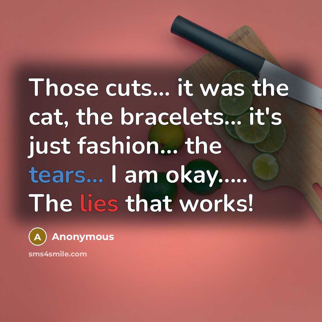 “Those cuts... it was the cat, the bracelets... it's just fashion… the tears... I am okay….. The lies that works!” quote by Anonymous
