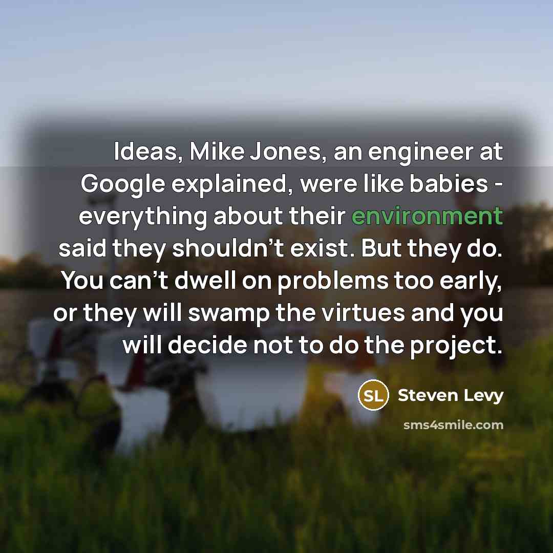 “Ideas, Mike Jones, an engineer at Google explained, were like babies - everything about their environment said they shouldn't exist. But they do. You can't dwell on problems too early, or they will swamp the virtues and you will decide not to do the project.” quote by Steven Levy