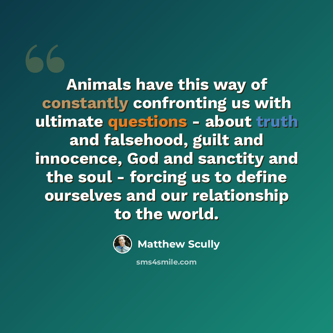 “Animals have this way of constantly confronting us with ultimate questions - about truth and falsehood, guilt and innocence, God and sanctity and the soul - forcing us to define ourselves and our relationship to the world.” quote by Matthew Scully