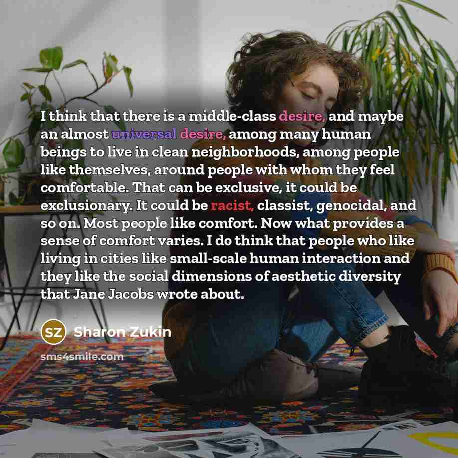 “I think that there is a middle-class desire, and maybe an almost universal desire, among many human beings to live in clean neighborhoods, among people like themselves, around people with whom they feel comfortable. That can be exclusive, it could be exclusionary. It could be racist, classist…” quote by Sharon Zukin