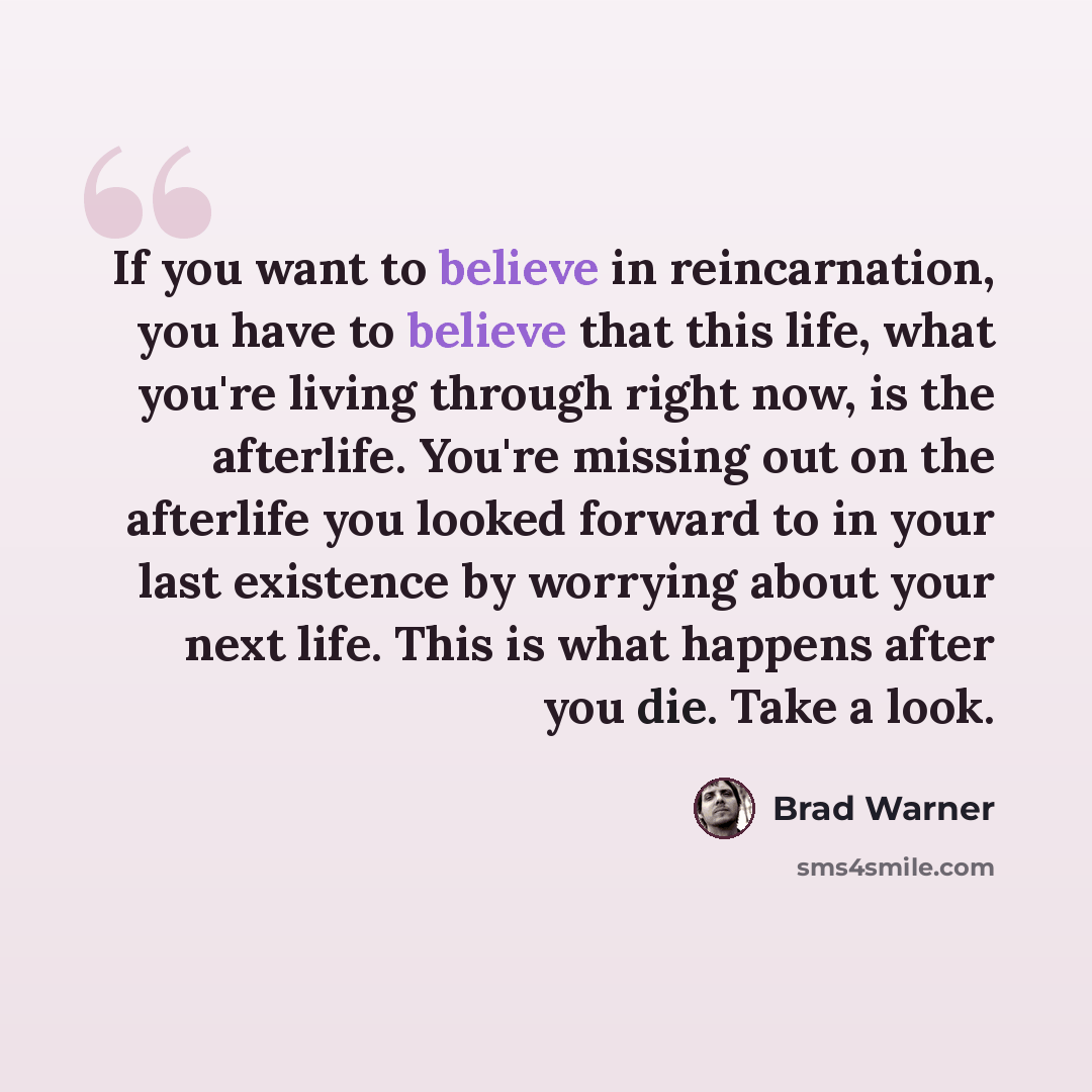 “If you want to believe in reincarnation, you have to believe that this life, what you're living through right now, is the afterlife. You're missing out on the afterlife you looked forward to in your last existence by worrying about your next life. This is what happens after you die. Take a look.” quote by Brad Warner