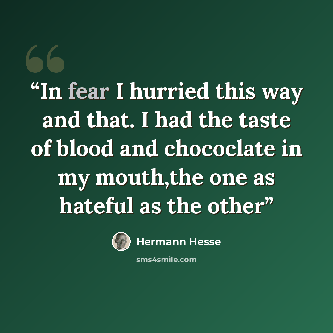 “In fear I hurried this way and that. I had the taste of blood and chococlate in my mouth,the one as hateful as the other” quote by Hermann Hesse