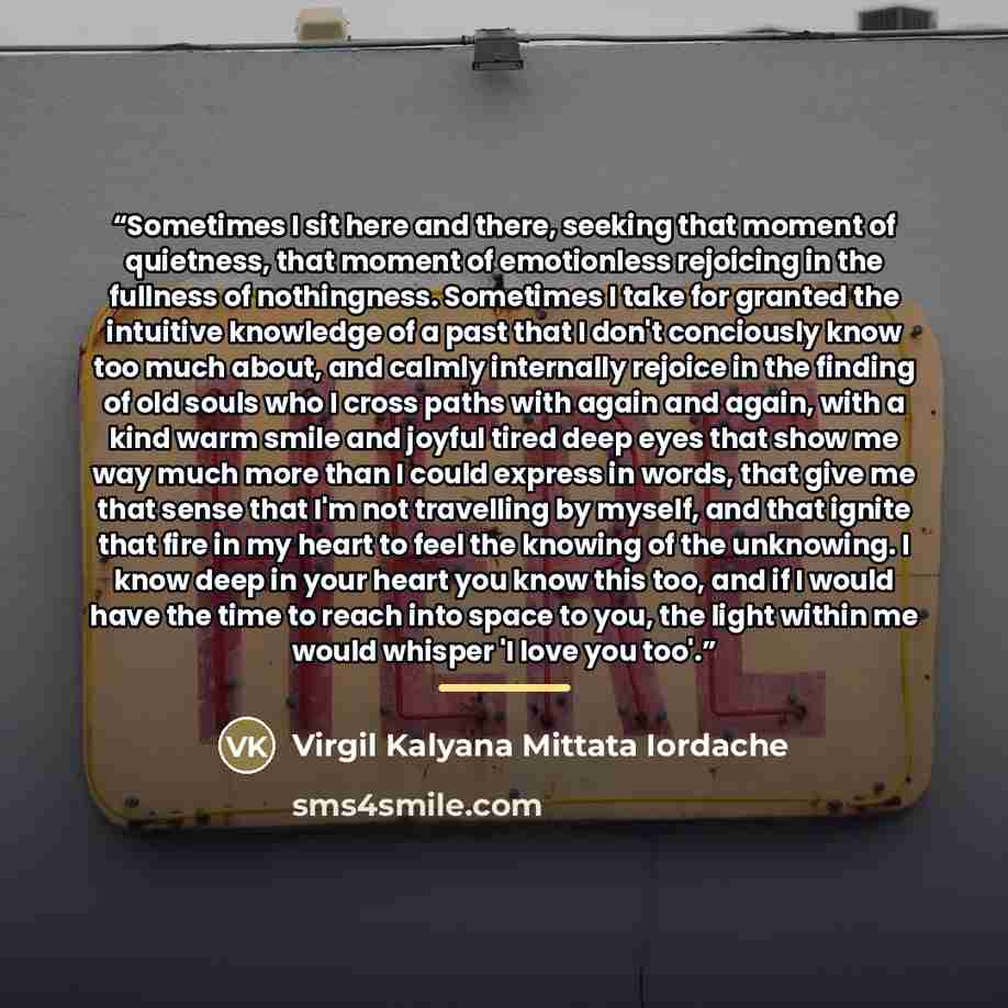 “Sometimes I sit here and there, seeking that moment of quietness, that moment of emotionless rejoicing in the fullness of nothingness. Sometimes I take for granted the intuitive knowledge of a past that I don't conciously know too much about, and calmly internally rejoice in the finding of old…” quote by Virgil Kalyana Mittata Iordache