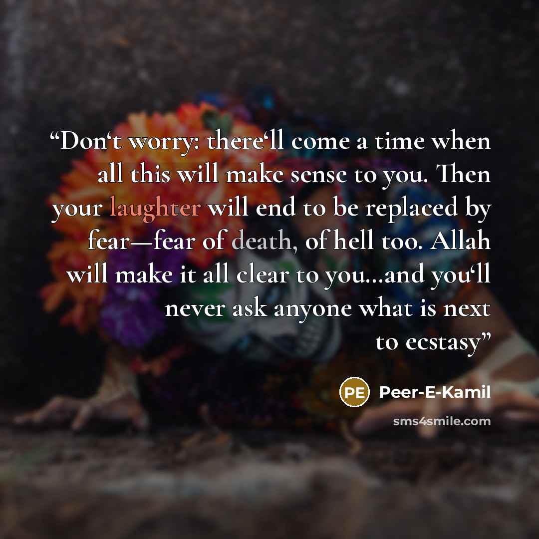 “Don‘t worry: there‘ll come a time when all this will make sense to you. Then your laughter will end to be replaced by fear—fear of death, of hell too. Allah will make it all clear to you…and you‘ll never ask anyone what is next to ecstasy” quote by Peer-E-Kamil