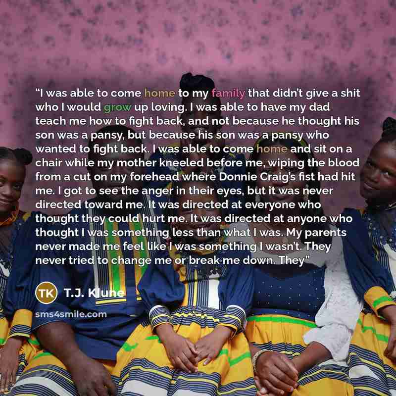 “I was able to come home to my family that didn’t give a shit who I would grow up loving. I was able to have my dad teach me how to fight back, and not because he thought his son was a pansy, but because his son was a pansy who wanted to fight back. I was able to come home and sit on a chair while…” quote by T.J. Klune