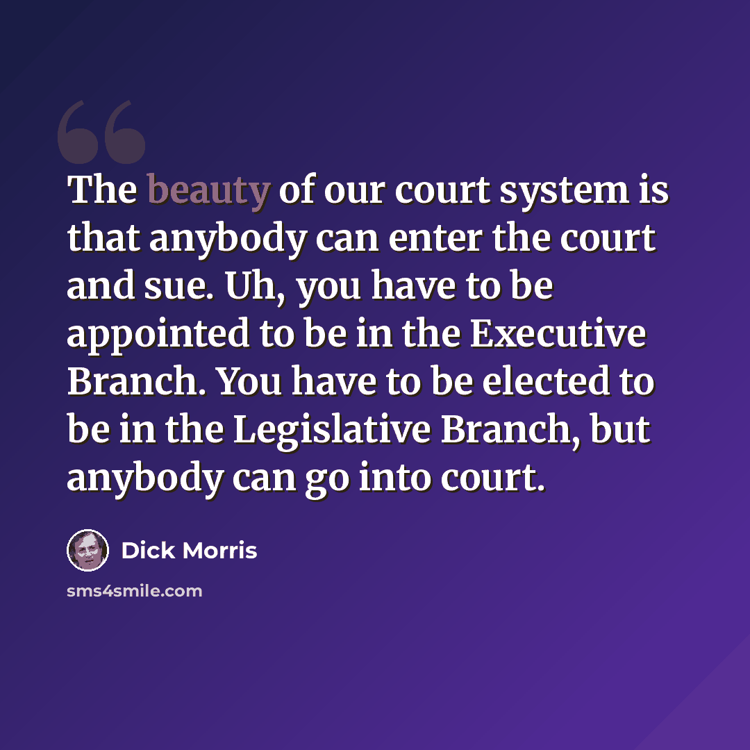 “The beauty of our court system is that anybody can enter the court and sue. Uh, you have to be appointed to be in the Executive Branch. You have to be elected to be in the Legislative Branch, but anybody can go into court.” quote by Dick Morris