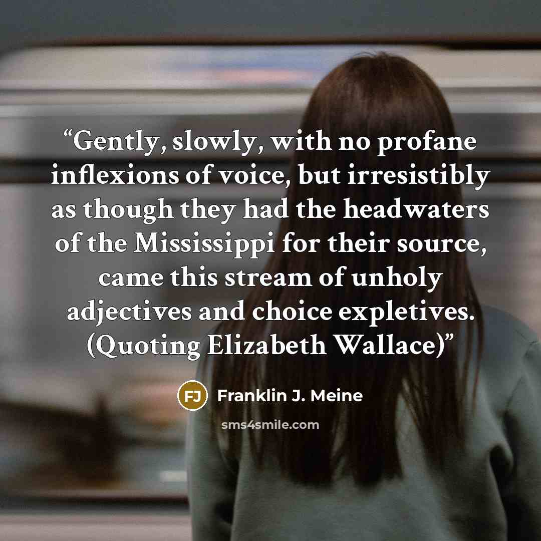 “Gently, slowly, with no profane inflexions of voice, but irresistibly as though they had the headwaters of the Mississippi for their source, came this stream of unholy adjectives and choice expletives. (Quoting Elizabeth Wallace)” quote by Franklin J. Meine