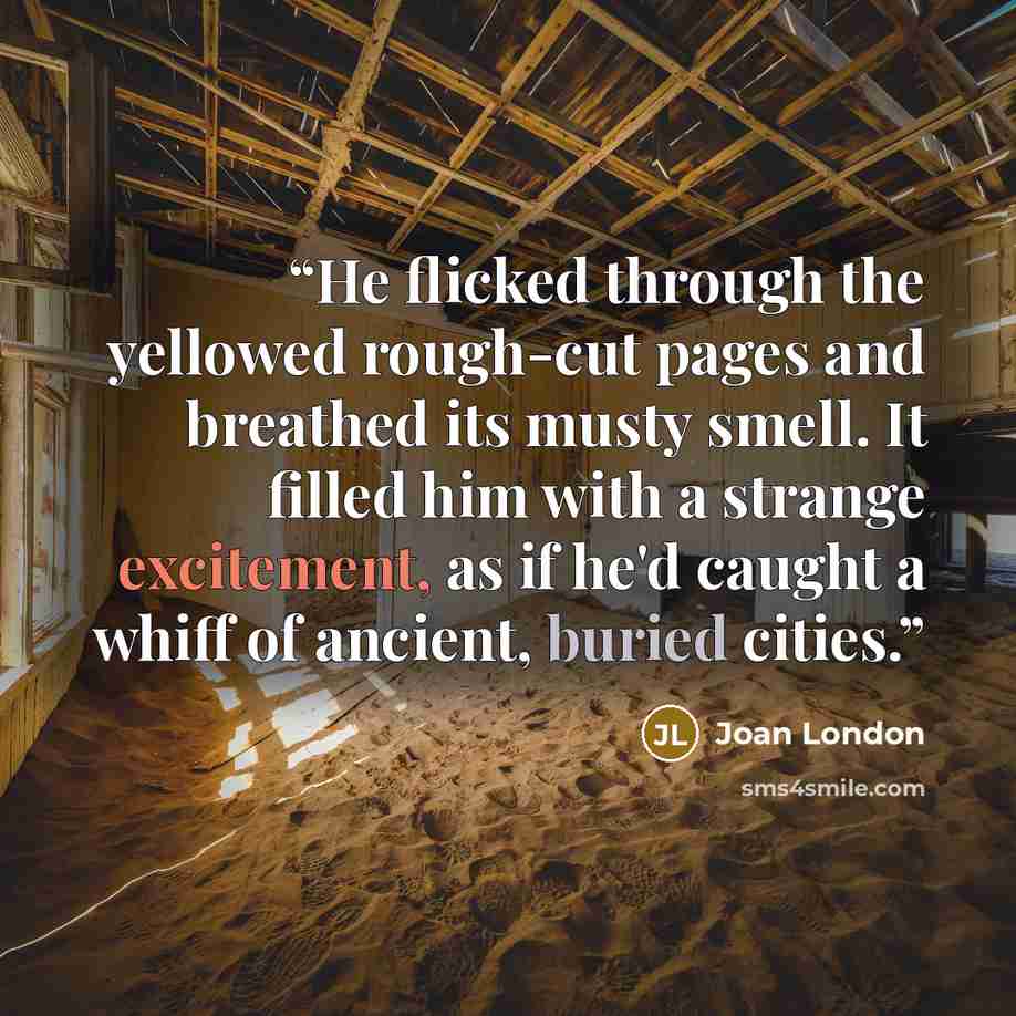 “He flicked through the yellowed rough-cut pages and breathed its musty smell. It filled him with a strange excitement, as if he'd caught a whiff of ancient, buried cities.” quote by Joan London