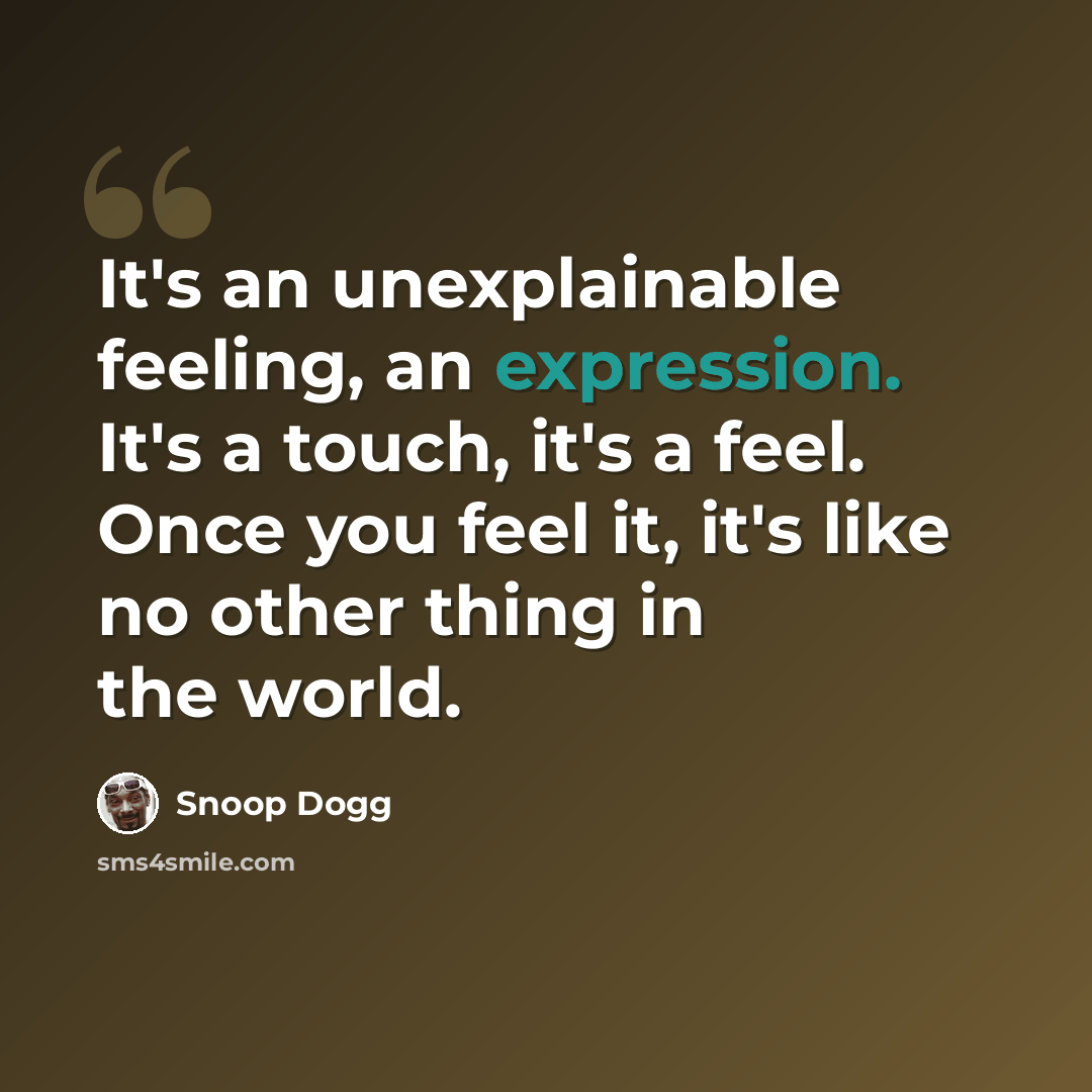 “It's an unexplainable feeling, an expression. It's a touch, it's a feel. Once you feel it, it's like no other thing in the world.” quote by Snoop Dogg