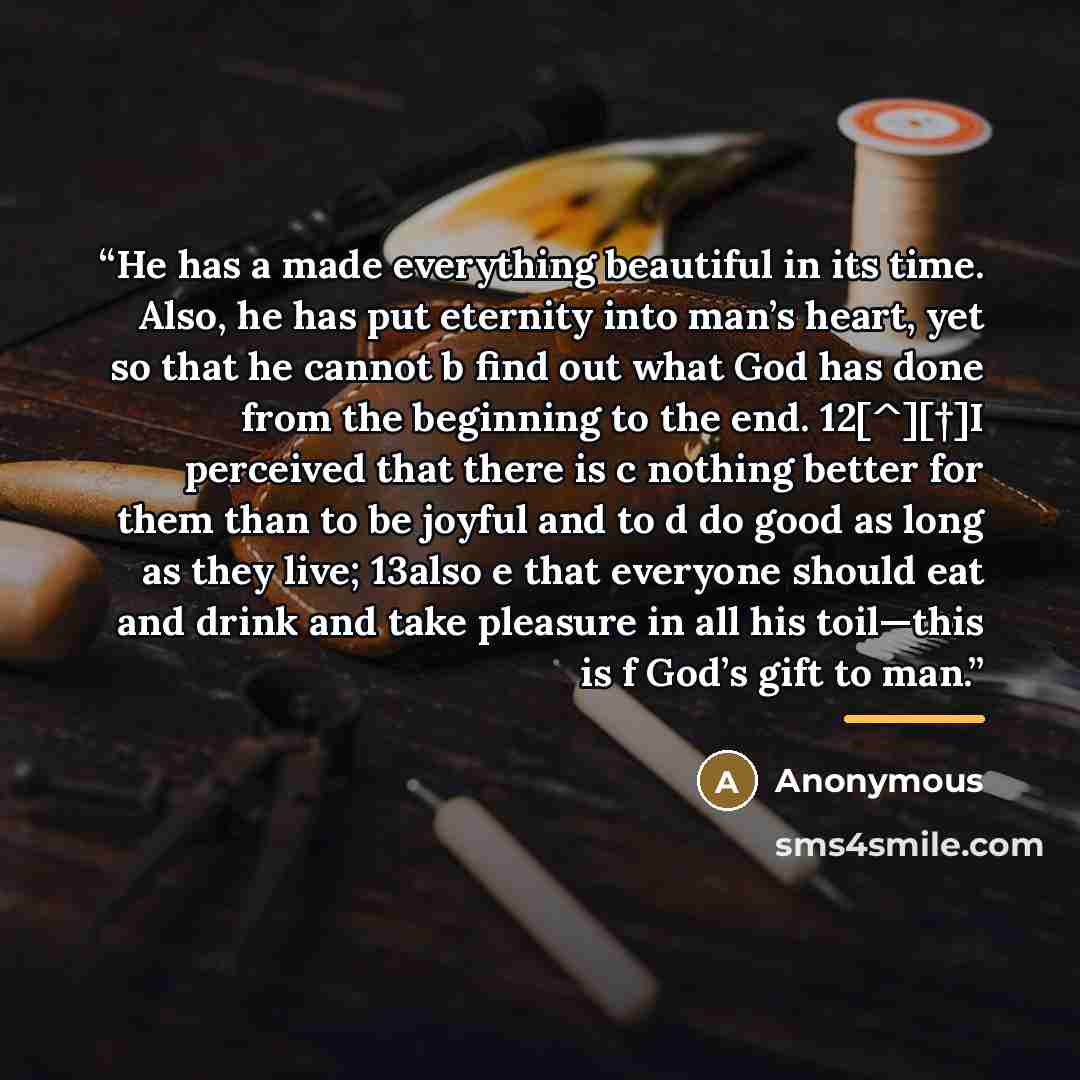 “He has a made everything beautiful in its time. Also, he has put eternity into man’s heart, yet so that he cannot b find out what God has done from the beginning to the end. 12[^][†]I perceived that there is c nothing better for them than to be joyful and to d do good as long as they live; 13also…” quote by Anonymous
