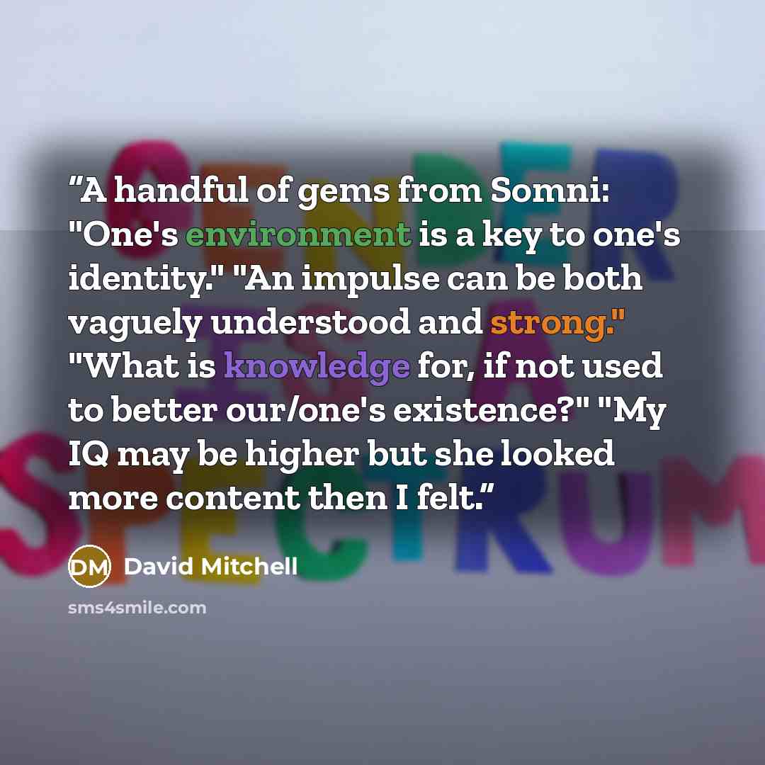 “A handful of gems from Somni: "One's environment is a key to one's identity." "An impulse can be both vaguely understood and strong." "What is knowledge for, if not used to better our/one's existence?" "My IQ may be higher but she looked more content then I felt.” quote by David Mitchell