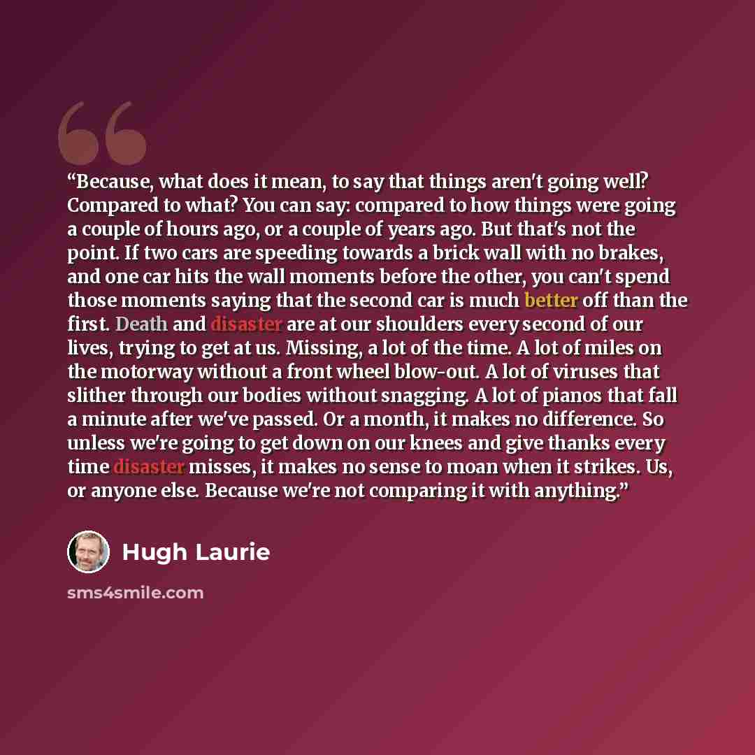“Because, what does it mean, to say that things aren't going well? Compared to what? You can say: compared to how things were going a couple of hours ago, or a couple of years ago. But that's not the point. If two cars are speeding towards a brick wall with no brakes, and one car hits the wall…” quote by Hugh Laurie