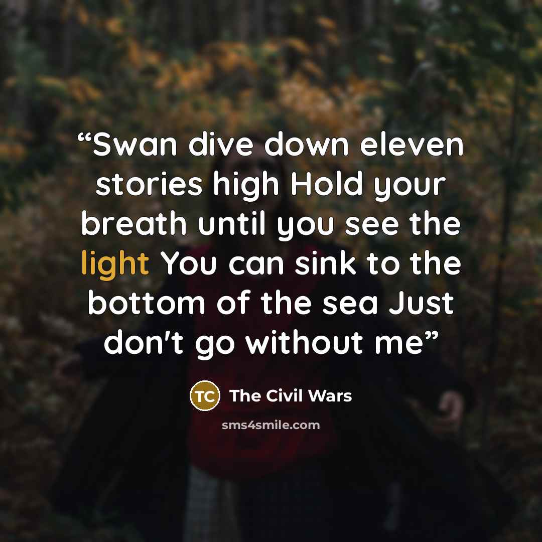 “Swan dive down eleven stories high Hold your breath until you see the light You can sink to the bottom of the sea Just don't go without me” quote by The Civil Wars