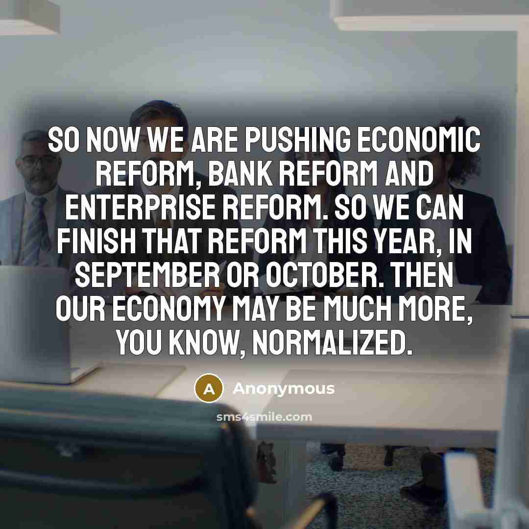 “So now we are pushing economic reform, bank reform and enterprise reform. So we can finish that reform this year, in September or October. Then our economy may be much more, you know, normalized.” quote by Anonymous