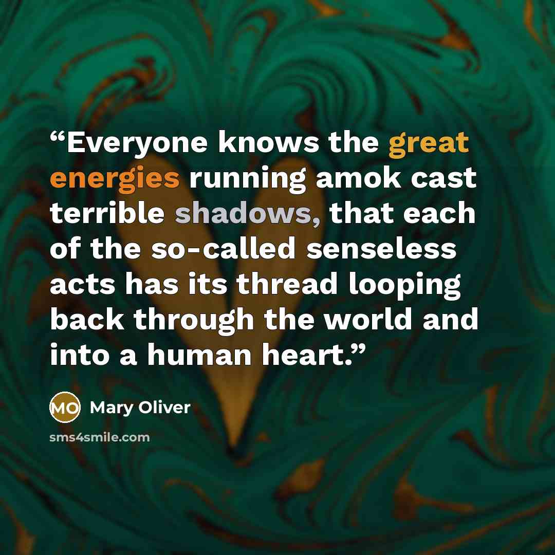 “Everyone knows the great energies running amok cast terrible shadows, that each of the so-called senseless acts has its thread looping back through the world and into a human heart.” quote by Mary Oliver
