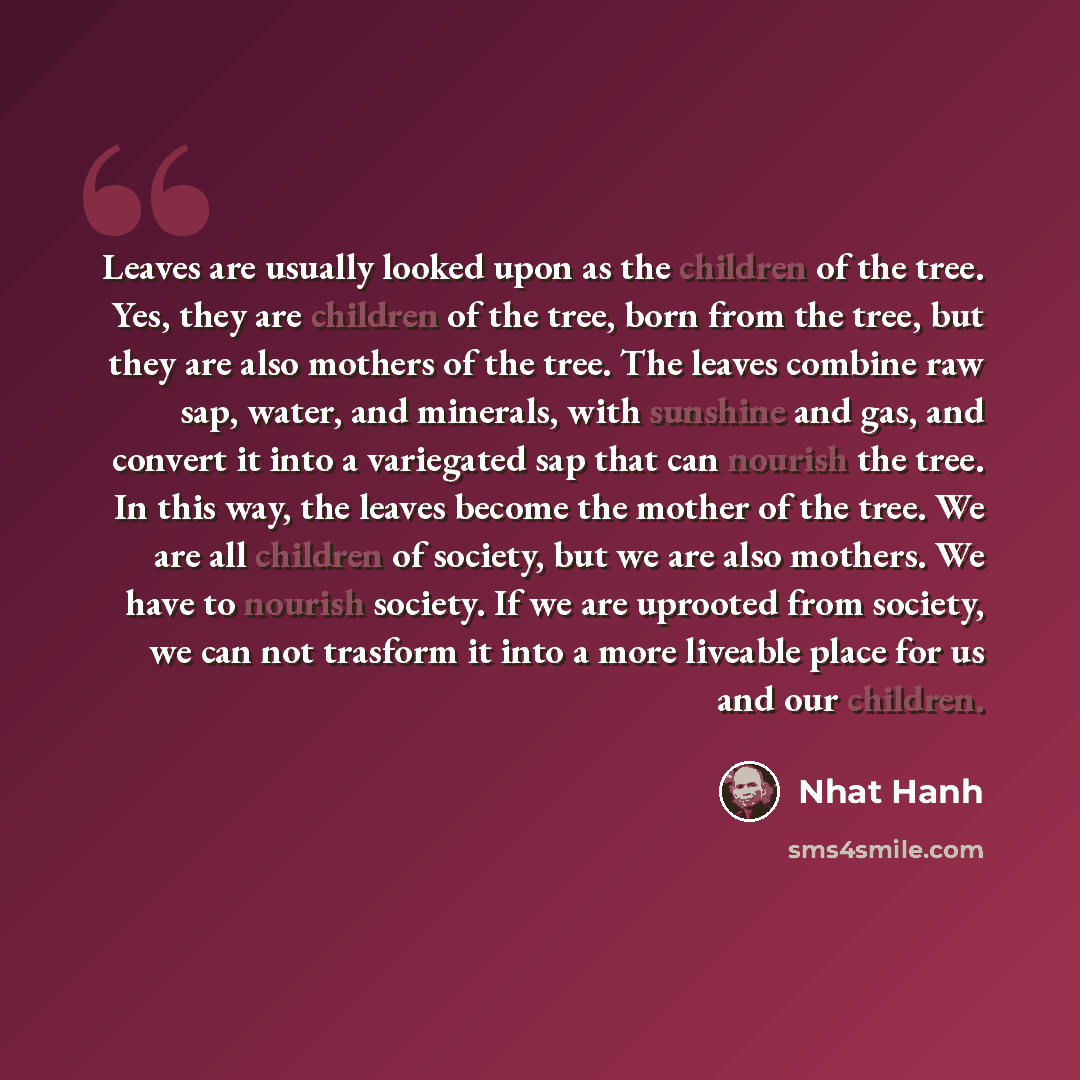 “Leaves are usually looked upon as the children of the tree. Yes, they are children of the tree, born from the tree, but they are also mothers of the tree. The leaves combine raw sap, water, and minerals, with sunshine and gas, and convert it into a variegated sap that can nourish the tree. In this…” quote by Nhat Hanh