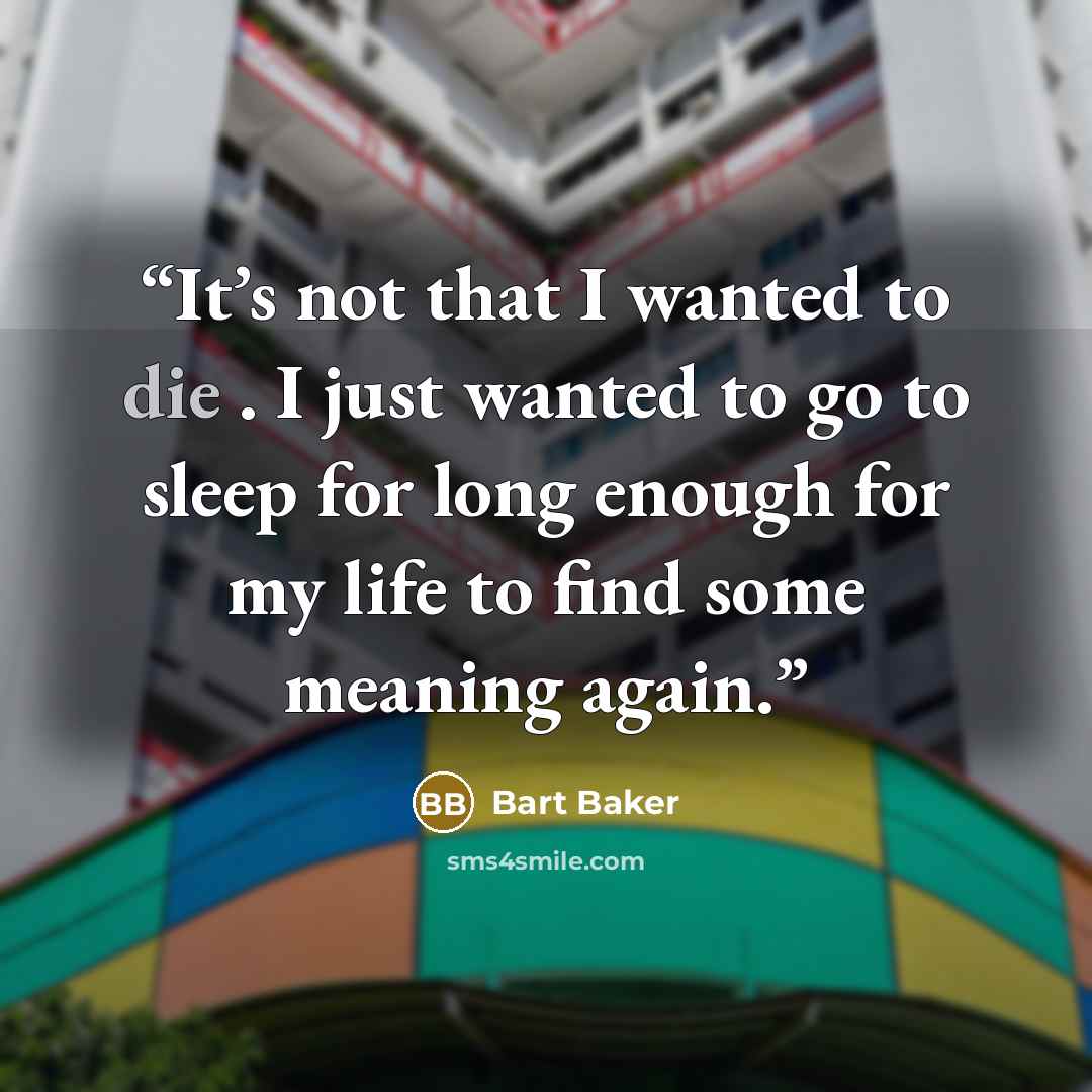 “It’s not that I wanted to die . I just wanted to go to sleep for long enough for my life to find some meaning again.” quote by Bart Baker