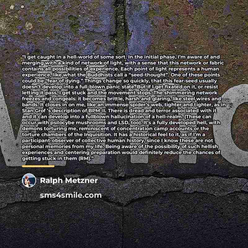 “I get caught in a hell-world of some sort. In the initial phase, I’m aware of and merging with a kind of network of light, with a sense that this network or fabric contains all possibilities of experience. Each point of light represents a human experience, like what the Buddhists call a…” quote by Ralph Metzner
