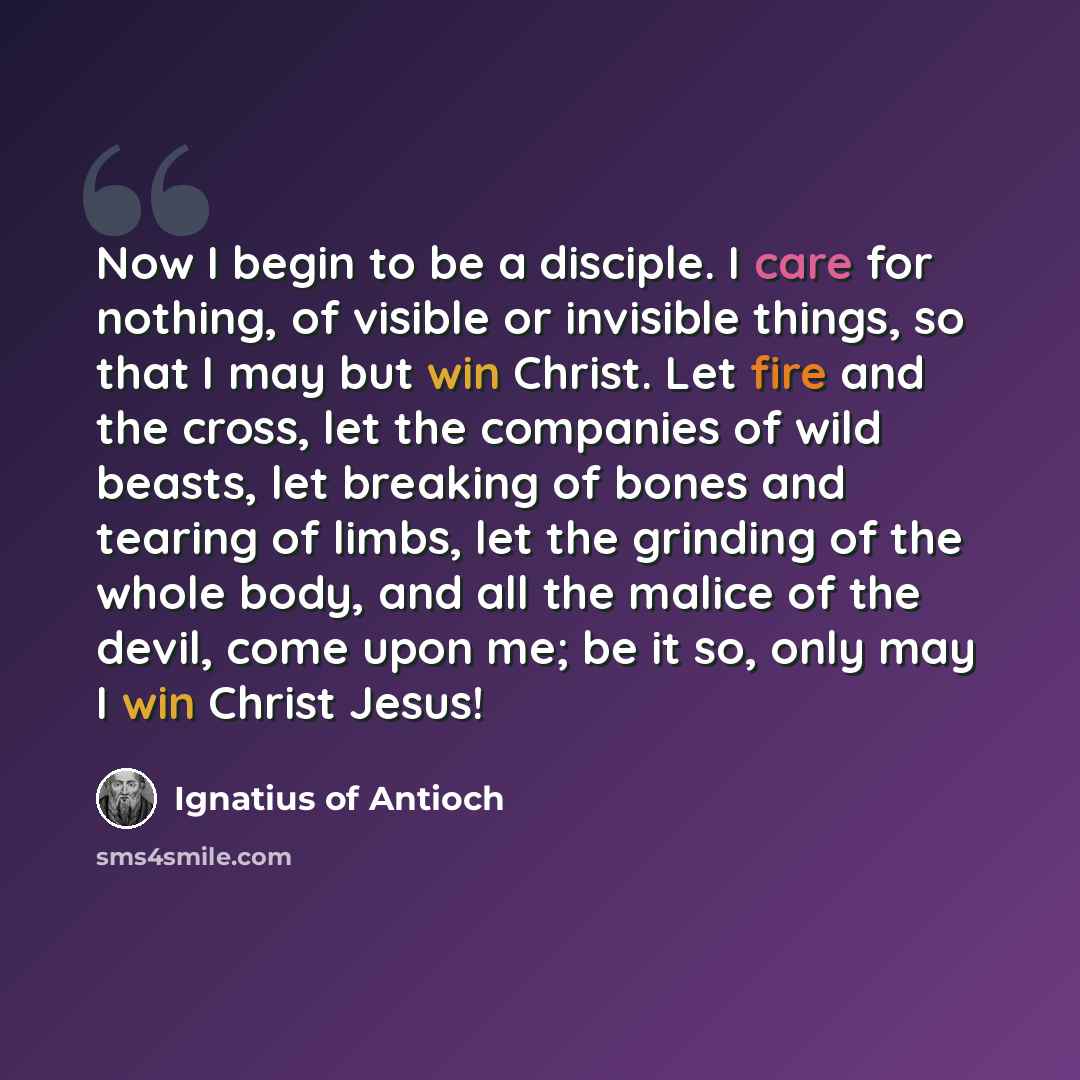 “Now I begin to be a disciple. I care for nothing, of visible or invisible things, so that I may but win Christ. Let fire and the cross, let the companies of wild beasts, let breaking of bones and tearing of limbs, let the grinding of the whole body, and all the malice of the devil, come upon me…” quote by Ignatius of Antioch