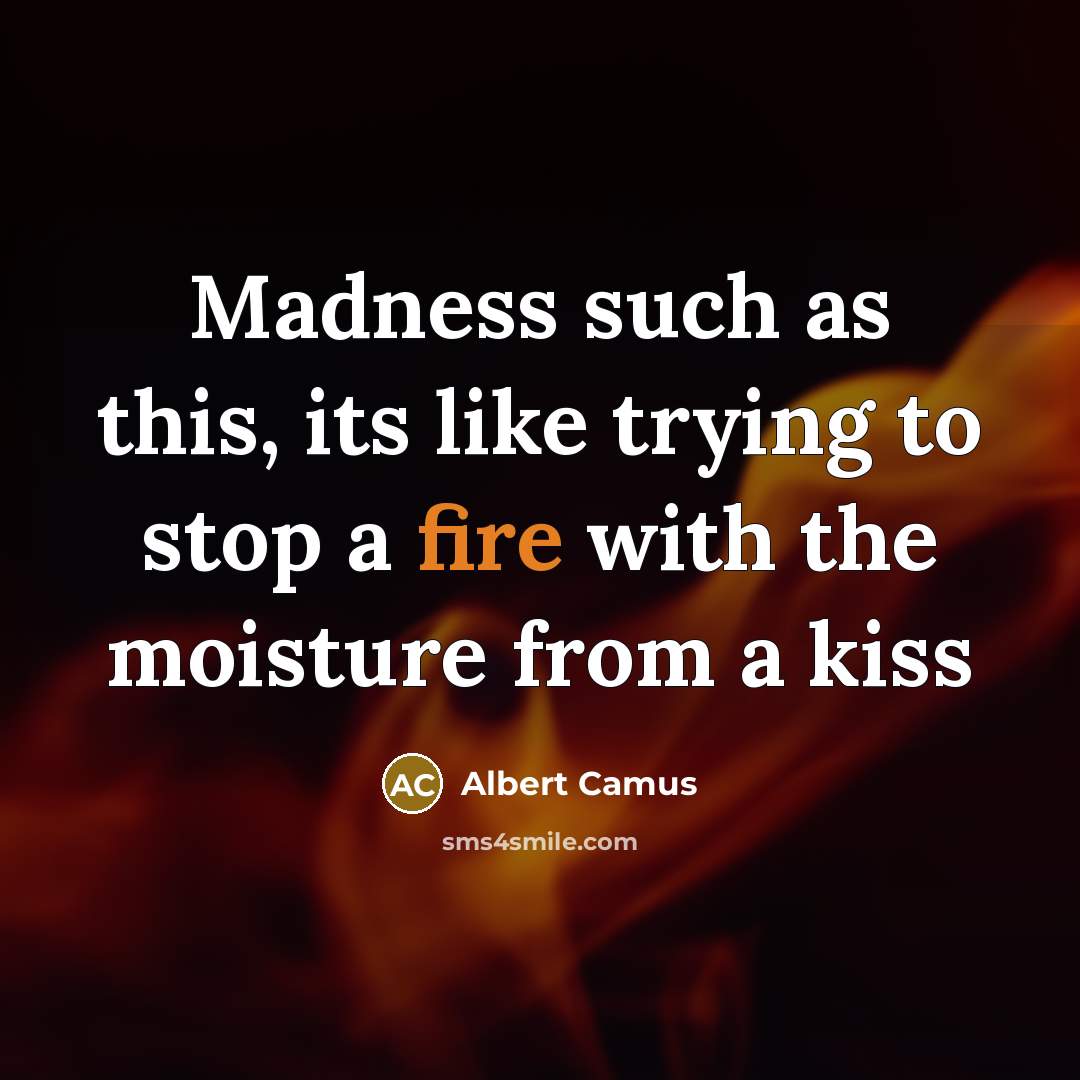 “Madness such as this, its like trying to stop a fire with the moisture from a kiss” quote by Albert Camus