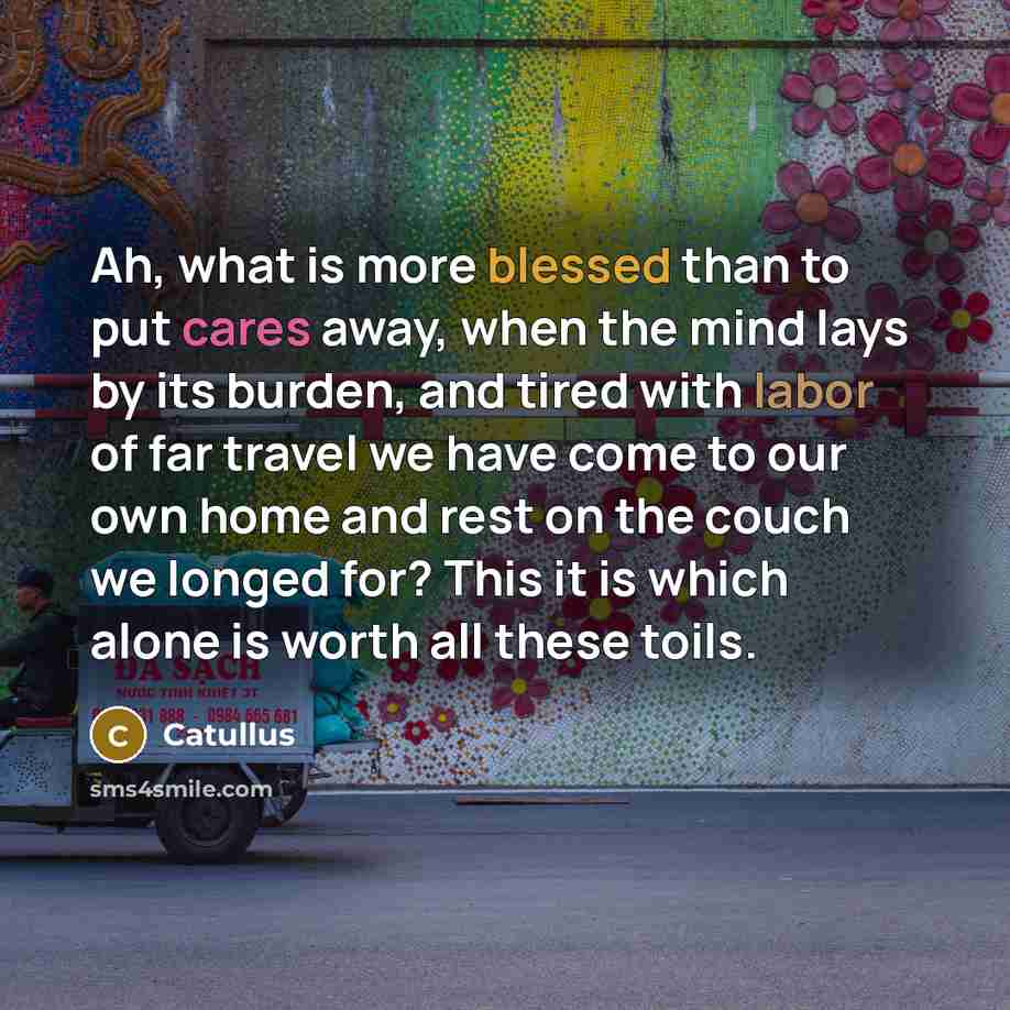 “Ah, what is more blessed than to put cares away, when the mind lays by its burden, and tired with labor of far travel we have come to our own home and rest on the couch we longed for? This it is which alone is worth all these toils.” quote by Catullus