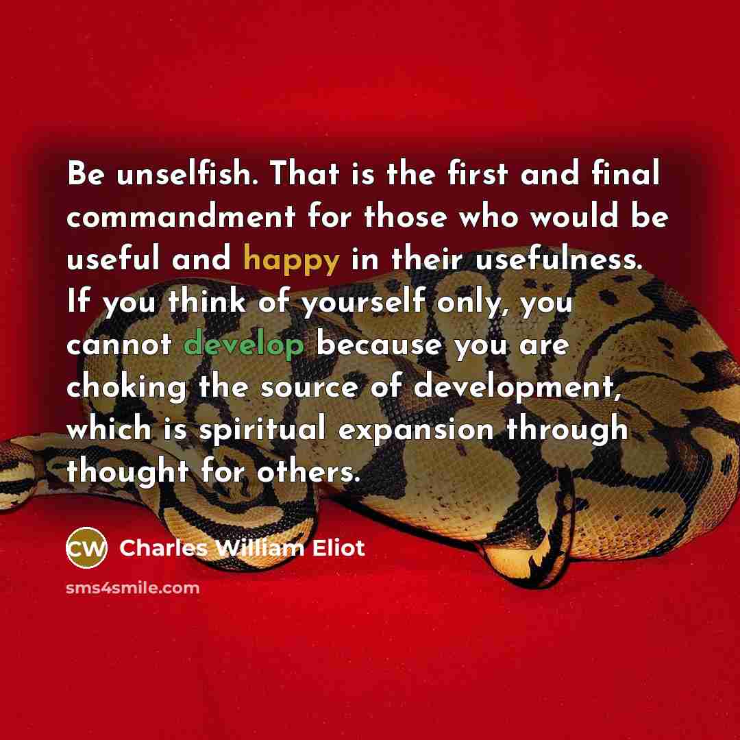 “Be unselfish. That is the first and final commandment for those who would be useful and happy in their usefulness. If you think of yourself only, you cannot develop because you are choking the source of development, which is spiritual expansion through thought for others.” quote by Charles William Eliot