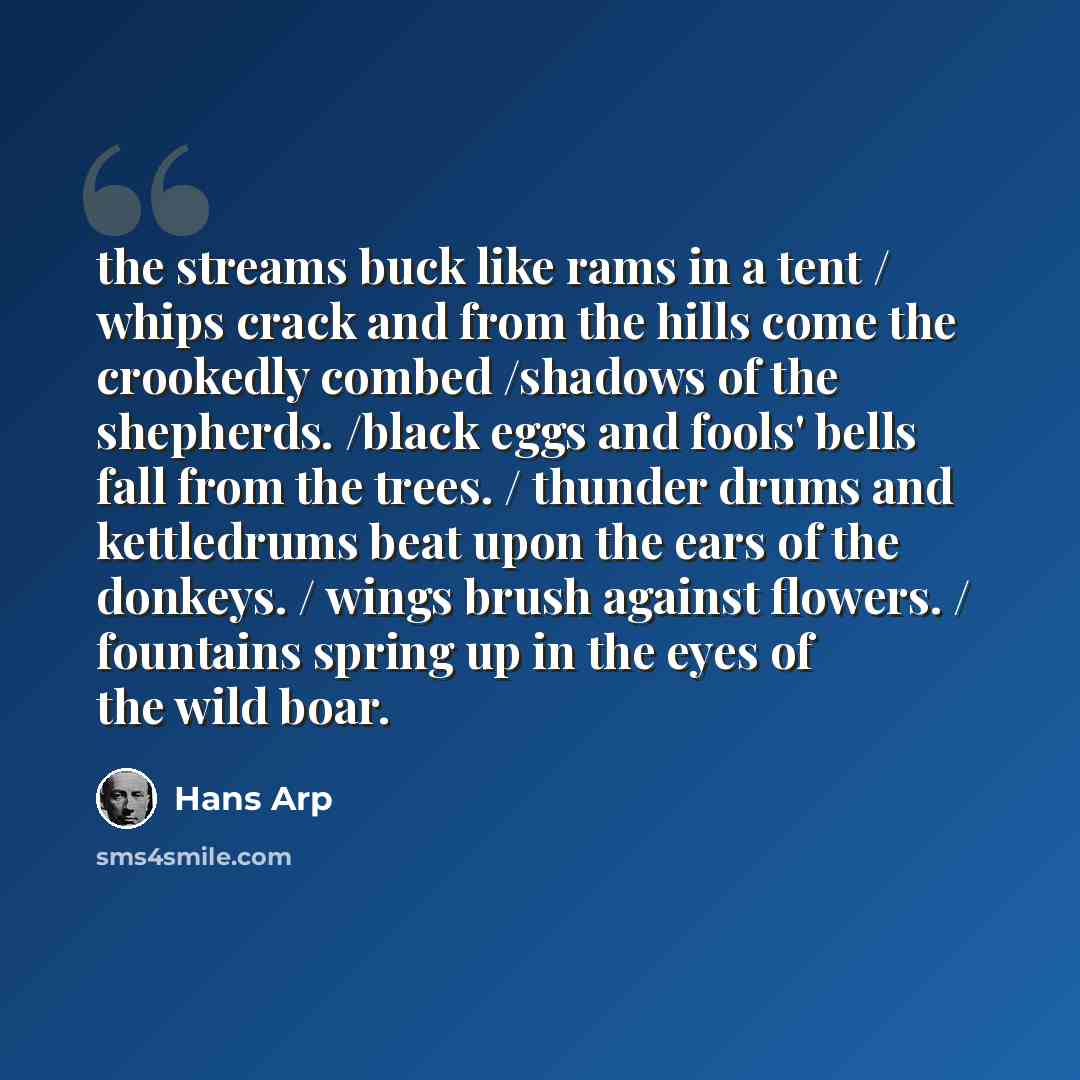 “the streams buck like rams in a tent / whips crack and from the hills come the crookedly combed /shadows of the shepherds. /black eggs and fools' bells fall from the trees. / thunder drums and kettledrums beat upon the ears of the donkeys. / wings brush against flowers. / fountains spring up in…” quote by Hans Arp