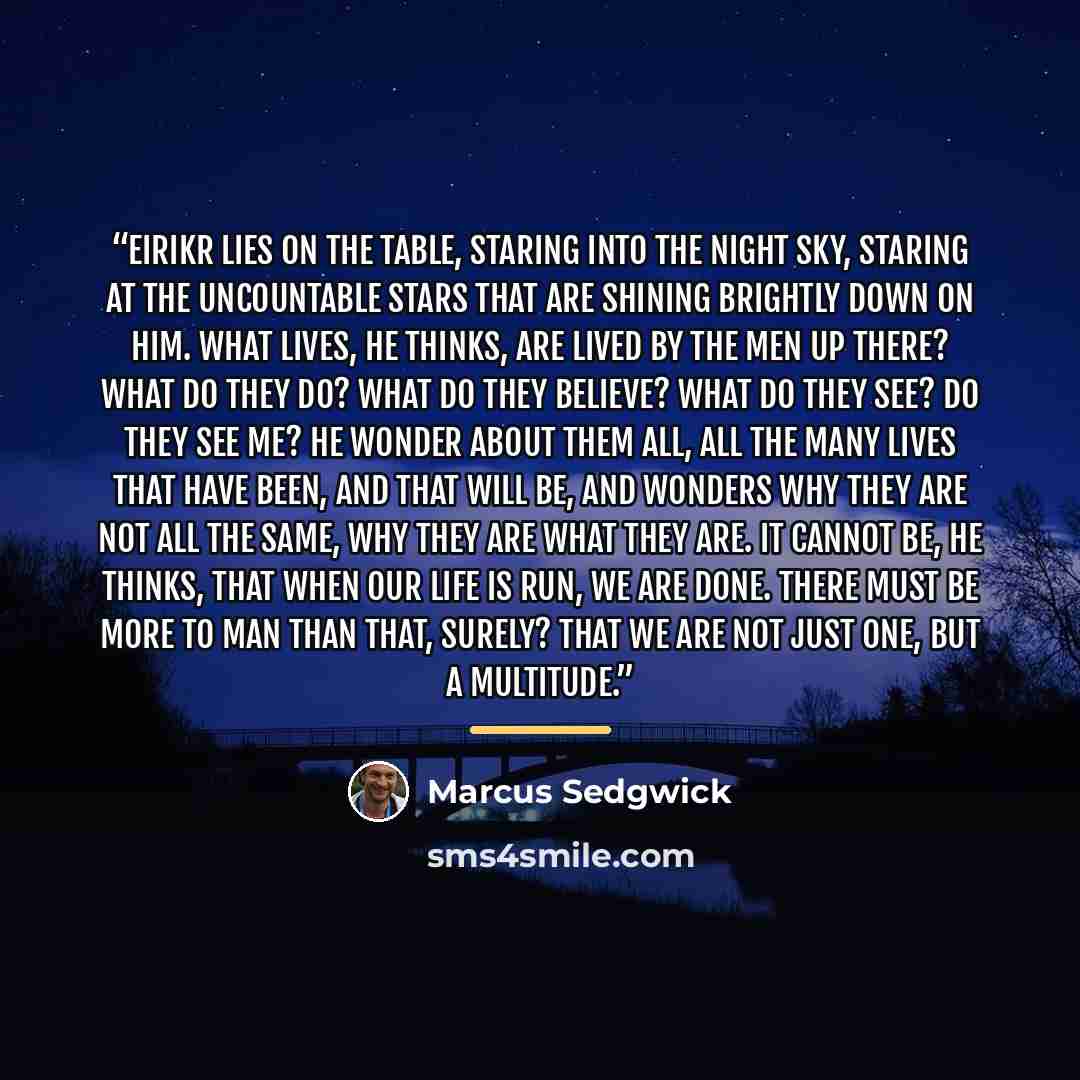 “Eirikr lies on the table, staring into the night sky, staring at the uncountable stars that are shining brightly down on him. What lives, he thinks, are lived by the men up there? What do they do? What do they believe? What do they see? Do they see me? He wonder about them all, all the many lives…” quote by Marcus Sedgwick