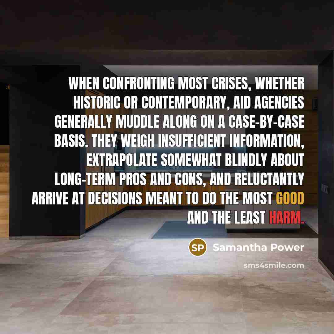 “When confronting most crises, whether historic or contemporary, aid agencies generally muddle along on a case-by-case basis. They weigh insufficient information, extrapolate somewhat blindly about long-term pros and cons, and reluctantly arrive at decisions meant to do the most good and the least…” quote by Samantha Power