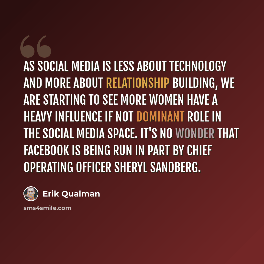 “As social media is less about technology and more about relationship building, we are starting to see more women have a heavy influence if not dominant role in the social media space. It's no wonder that Facebook is being run in part by chief operating officer Sheryl Sandberg.” quote by Erik Qualman