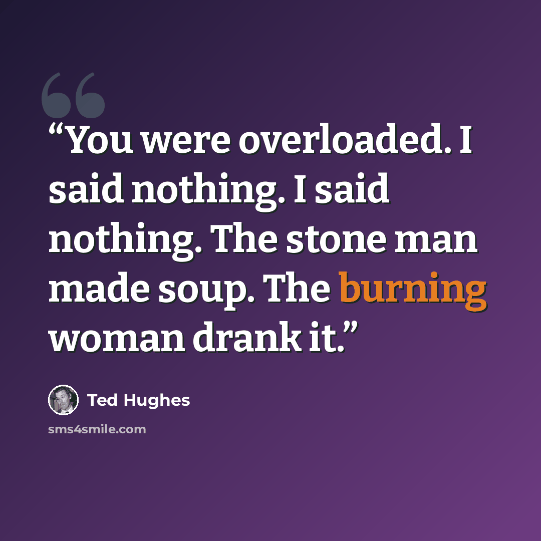 “You were overloaded. I said nothing. I said nothing. The stone man made soup. The burning woman drank it.” quote by Ted Hughes