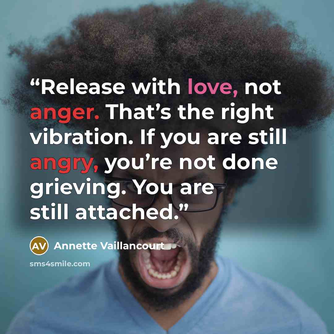 “Release with love, not anger. That’s the right vibration. If you are still angry, you’re not done grieving. You are still attached.” quote by Annette Vaillancourt