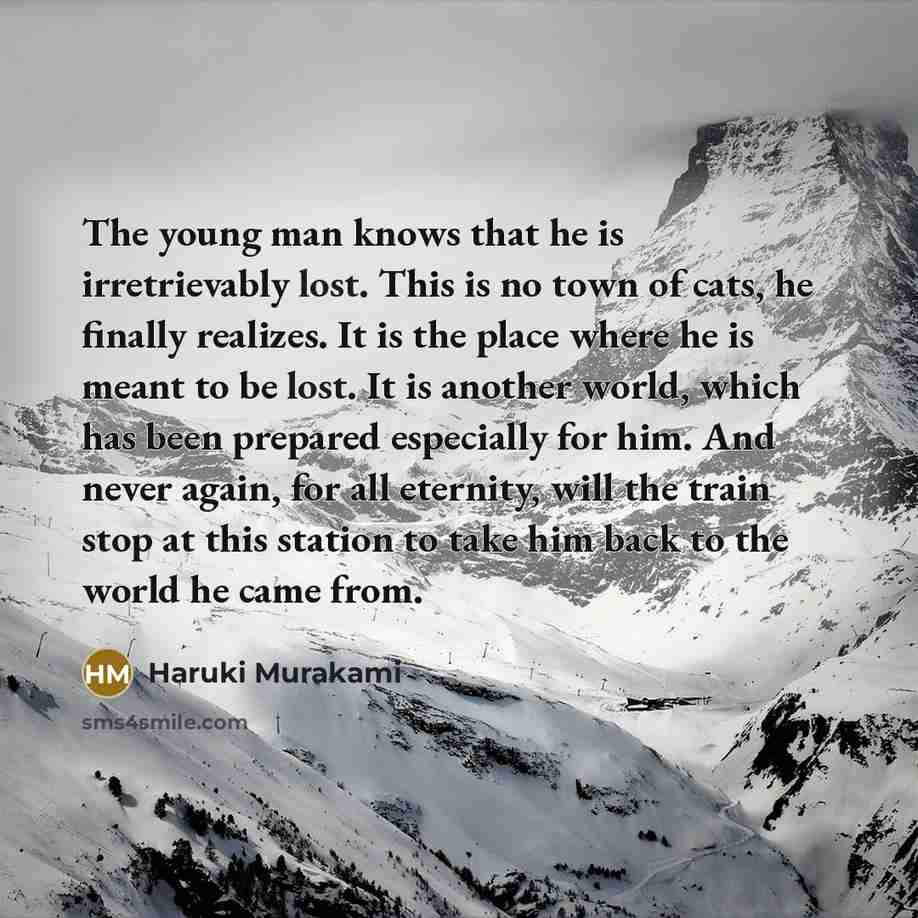 “The young man knows that he is irretrievably lost. This is no town of cats, he finally realizes. It is the place where he is meant to be lost. It is another world, which has been prepared especially for him. And never again, for all eternity, will the train stop at this station to take him back to…” quote by Haruki Murakami