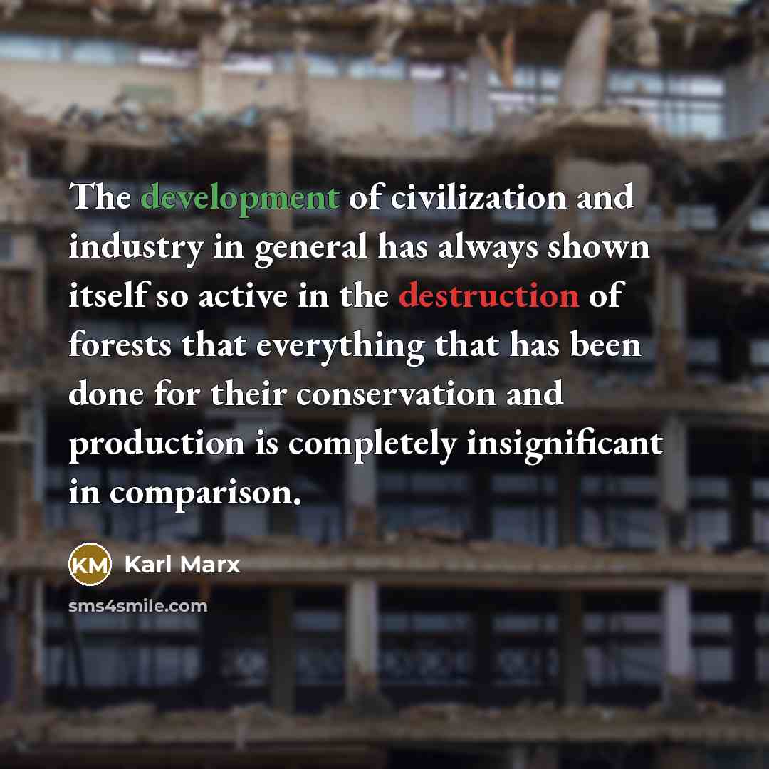 “The development of civilization and industry in general has always shown itself so active in the destruction of forests that everything that has been done for their conservation and production is completely insignificant in comparison.” quote by Karl Marx